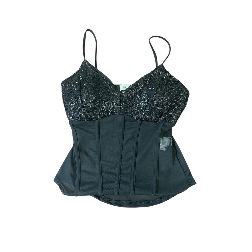 Love J Small Black Sequin Corset Top Bustier Mesh Panels Y2K Glam Whimsigoth
